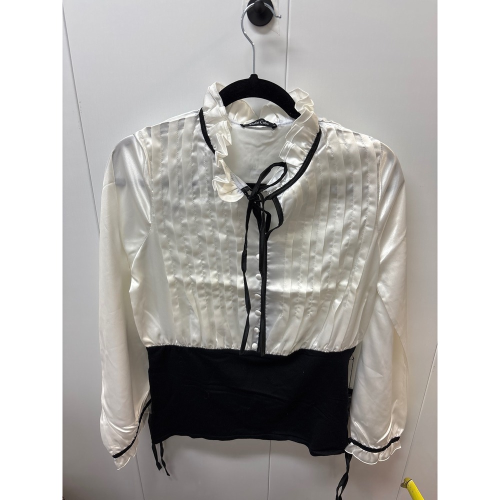 Dolce Cabo 8873 Creme Black Satin Ruffle Neck Pleated Blouse NWT Womens Medium